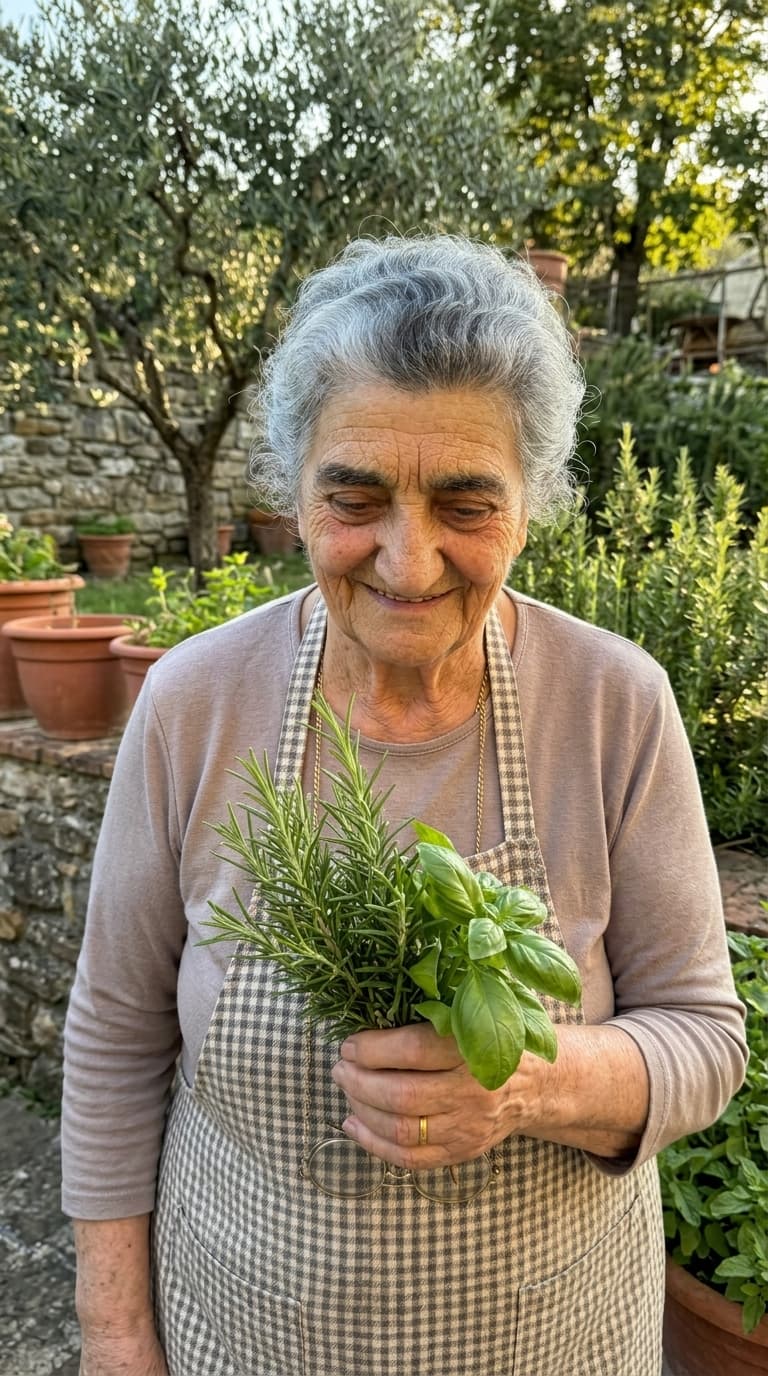Nonna Caterina con erbe fresche dell'orto