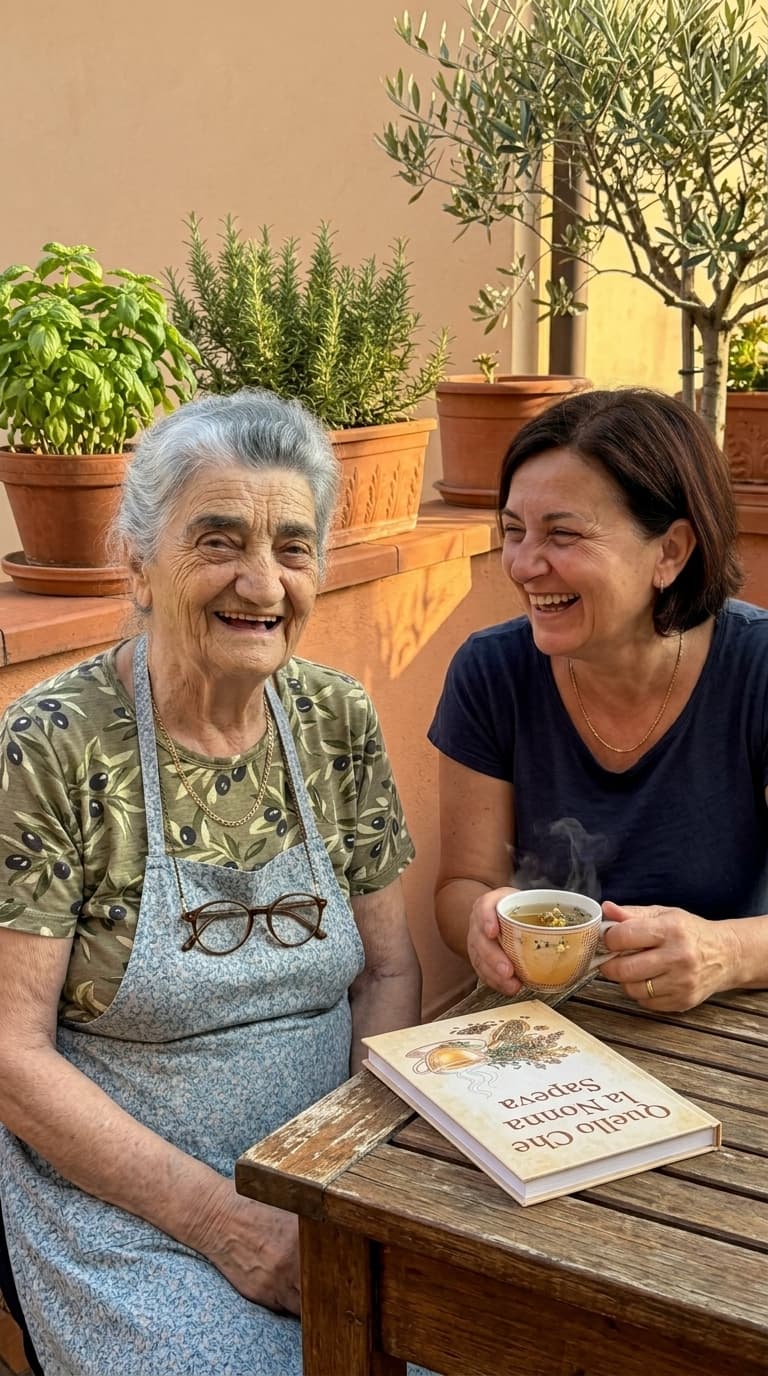 Nonna Caterina in compagnia con il libro sul tavolo