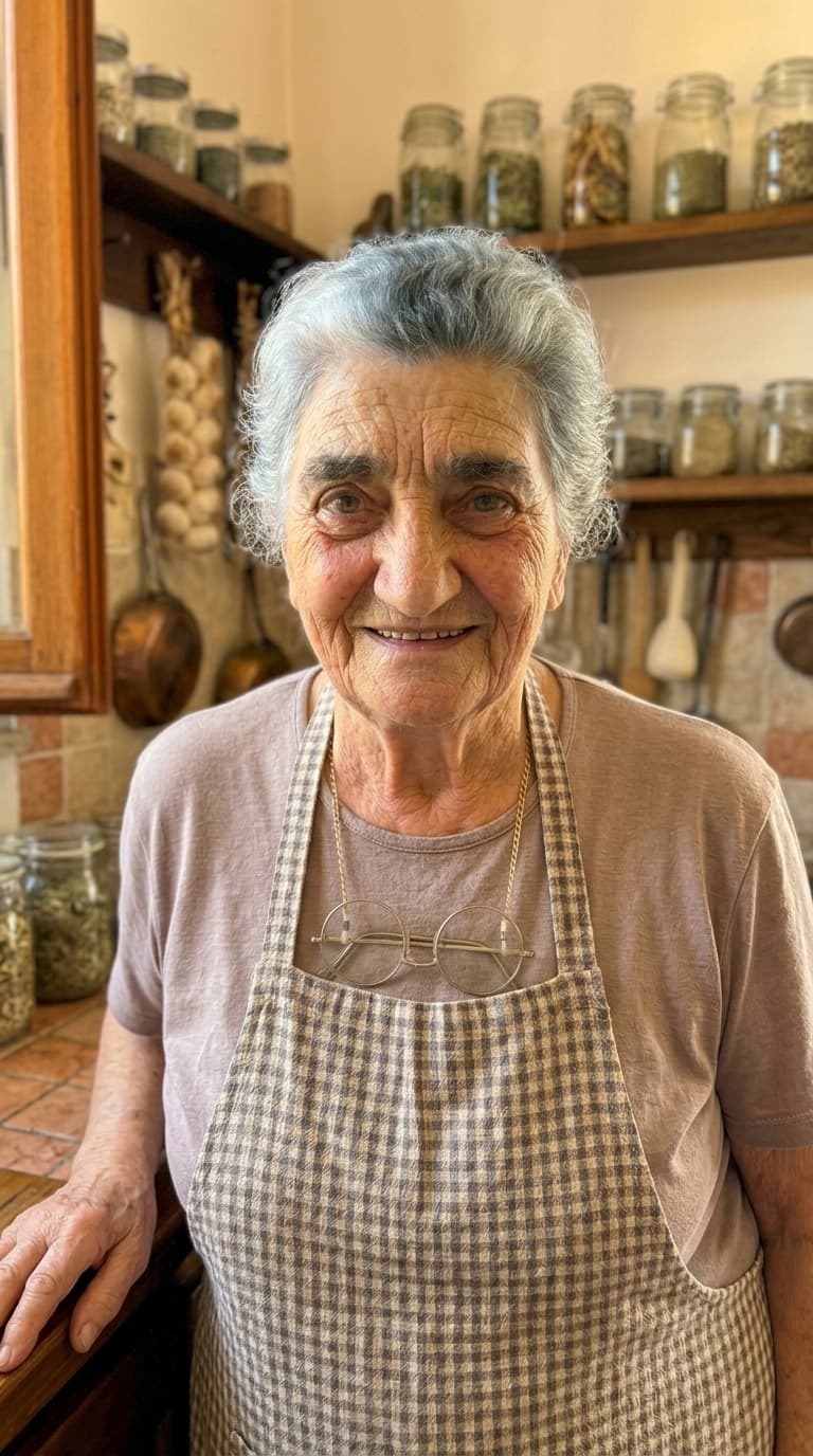 Nonna Caterina con ingredienti naturali in cucina